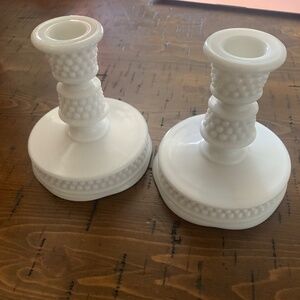 (2) 1950s American Hobnail Milk Glass by Westmoreland 5" Candle Holders